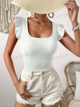 Футболка трикотажная Shein Vcay в рубчик с летящими рукавами, белый