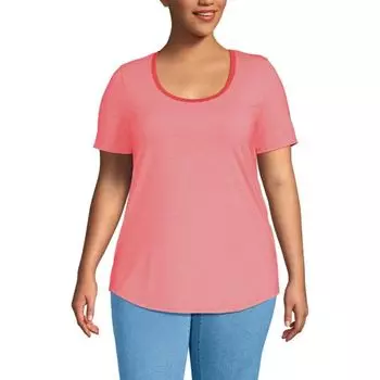 Футболка-туника большого размера с короткими рукавами и круглым вырезом Lands' End, цвет deep coral pinstripe