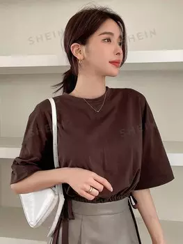 Футболка укороченная Dazy с короткими рукавами и завязками на подоле, кофейный