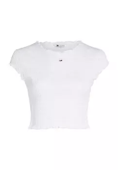 Футболка, укороченная, с волнистым краем, женская TOMMY Jeans, цвет Ybr White