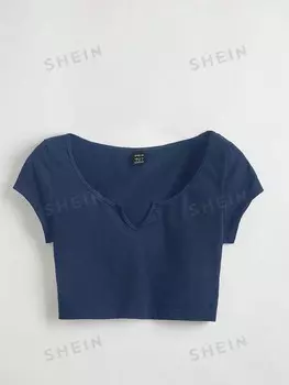 Футболка укороченная Shein Basics с вырезом, темно-синий