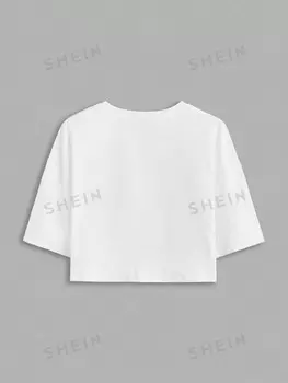 Футболка укороченная Shein с заниженными плечами и буквенным принтом, белый