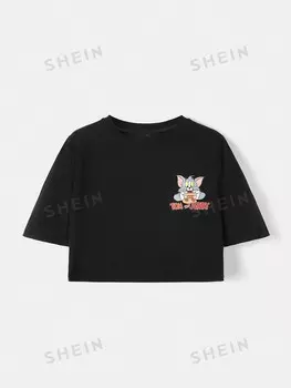Футболка укороченная Shein с заниженными плечами и буквенным принтом, черный