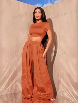 Футболка укороченная Shein SXY и плиссированные брюки, коричневый
