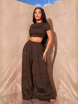 Футболка укороченная Shein SXY и широкие плиссированные брюки, шоколадно-коричневый