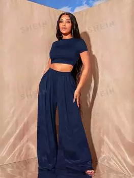 Футболка укороченная Shein SXY и широкие плиссированные брюки, темно-синий