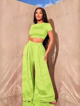 Футболка укороченная Shein SXY и широкие плиссированные брюки, желтый