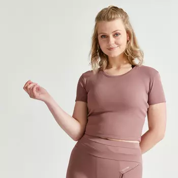 Футболка укороченная женская с коротким рукавом для фитнеса бесшовная - розовая DOMYOS, розовый