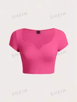 Футболка укороченная женская Shein Basics с вырезом, ярко-розовый