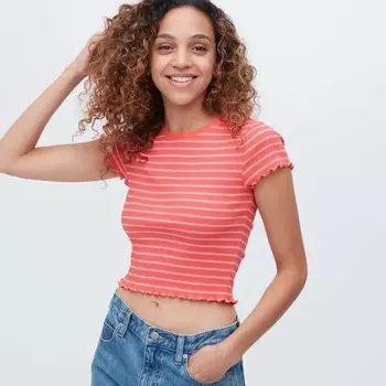 Футболка Uniqlo Ribbed Striped Frill Short Sleeved, красно-оранжевый