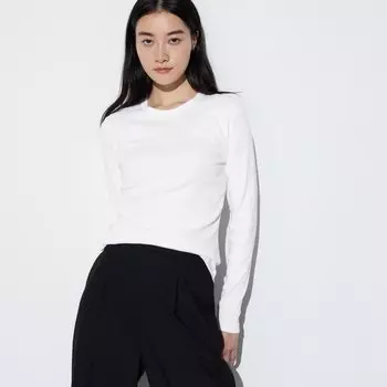 Футболка Uniqlo с длинными рукавами и круглым вырезом, белый