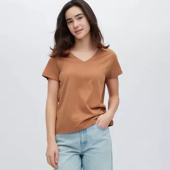 Футболка Uniqlo Supima Cotton V Neck Short Sleeved, светло-коричневый