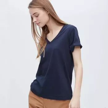 Футболка Uniqlo Supima Cotton V Neck Short Sleeved, темно-синий