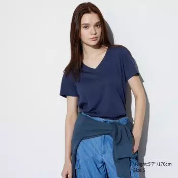 Футболка Uniqlo Supima с V-образным вырезом и короткими рукавами, синий