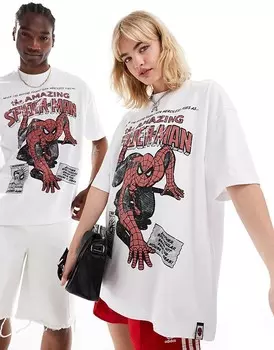 Футболка унисекс ASOS DESIGN – Marvel – белого цвета с объемным кроем и принтом Человек-паук– спереди