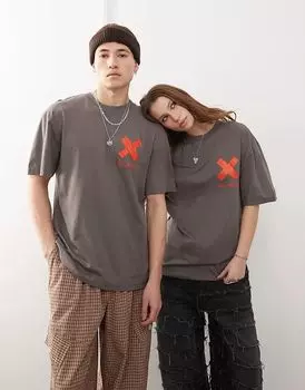 Футболка унисекс COLLUSION темно-серого цвета с логотипом X оранжевого цвета