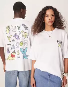 Футболка унисекс оверсайз ASOS DESIGN Disney Pixar бежевого цвета с набросками Корпорации монстров