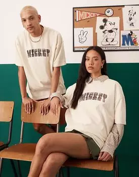 Футболка унисекс оверсайз ASOS DESIGN Disney с принтом Микки Мауса бежевого цвета