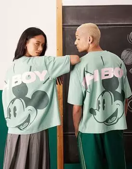 Футболка унисекс оверсайз Disney ASOS DESIGN Disney с принтом Микки Мауса зеленого цвета