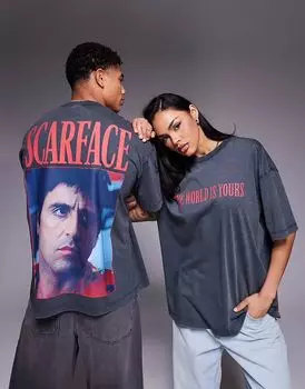 Футболка унисекс свободного кроя ASOS DESIGN черного цвета с принтом «Лицо со шрамом»