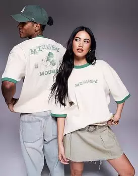 Футболка унисекс свободного кроя с принтом Микки Мауса от ASOS DESIGN цвета слоновой кости Disney
