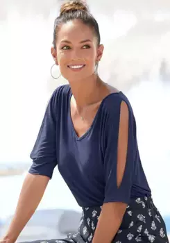 Футболка Vivance, с вырезами на рукавах, рубашка с короткими рукавами и V-образным вырезом, повседневная, цвет морской волны