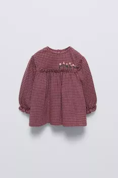 Футболка в цветочную клетку с вышитым узором ZARA, розовый