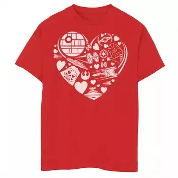 Футболка в форме красного сердца с изображением кораблей и сердец для мальчиков 8–20 лет «Звездные войны: Мандалорец» Star Wars
