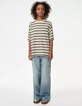 Футболка в полоску из чистого хлопка Marks & Spencer, экрю