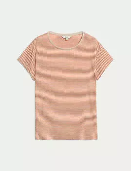 Футболка в полоску из льняной смеси Marks & Spencer, цвет Orange mix
