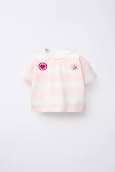 Футболка в полоску с нашивками ZARA, цвет Pastel pink