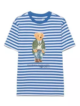 Футболка в полоску с принтом Ralph Lauren Kids Polo Bear, синий