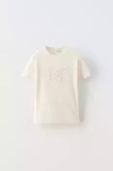 Футболка в ребрику с искусственным жемчугом ZARA, белый
