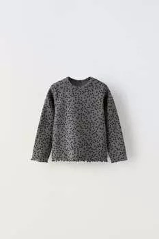 Футболка в ребрику с принтом ZARA, темный антрацит