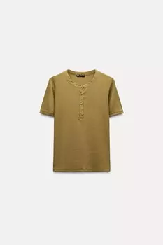 Футболка в ребрику с пуговицами ZARA, оливково-зеленый