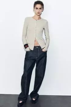 Футболка в рубчик на пуговицах ZARA, цвет Beige marl