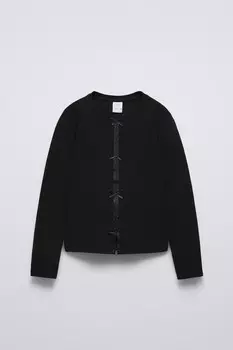Футболка в рубчик с атласными бантами ZARA, черный