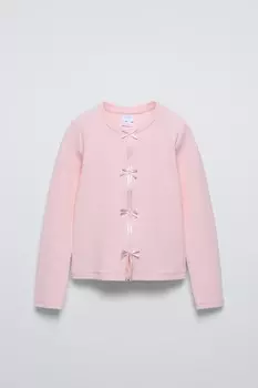 Футболка в рубчик с атласными бантами ZARA, розовый
