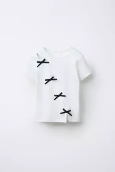 Футболка в рубчик с бантиками ZARA, белый