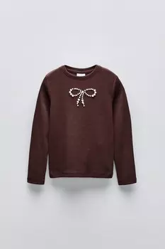 Футболка в рубчик с бантом из искусственного жемчуга ZARA, коричневый