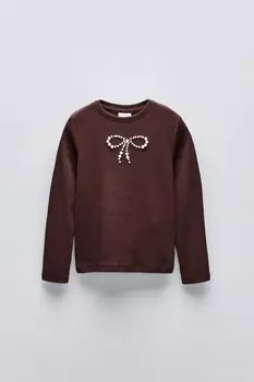 Футболка в рубчик с бантом из искусственного жемчуга ZARA, коричневый