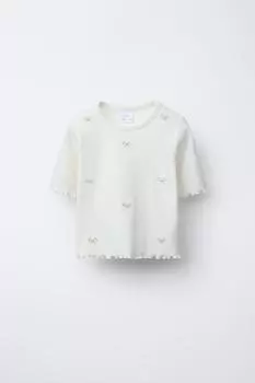 Футболка в рубчик с бисером ZARA, бежевый