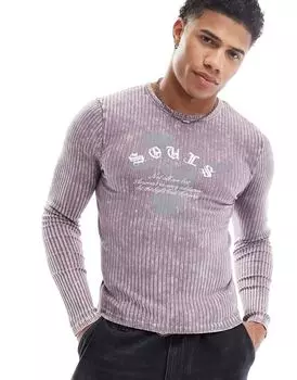 Футболка в рубчик с длинными рукавами и гранжевым принтом ASOS DESIGN