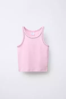 Футболка в рубчик с драгоценными камнями ZARA, розовый