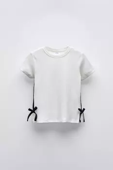 Футболка в рубчик с лентами и бантами ZARA, белый