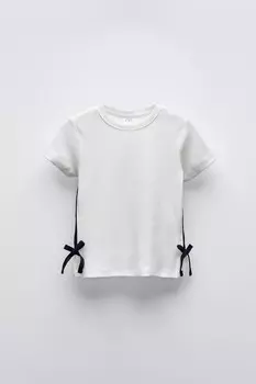 Футболка в рубчик с лентами и бантами ZARA, белый