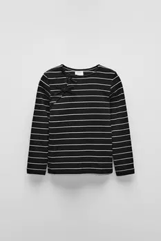 Футболка в рубчик с полосатой лентой ZARA, черный/белый