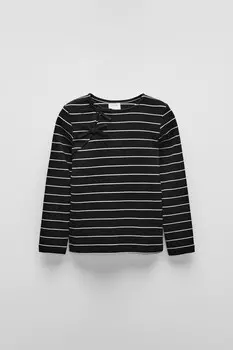 Футболка в рубчик с полосатой лентой ZARA, черный/белый