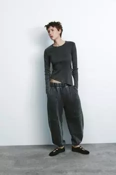 Футболка в рубчик с поясом ZARA, антрацитовый серый