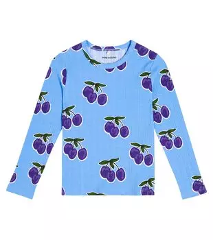 Футболка в рубчик с принтом сливового цвета Mini Rodini, синий